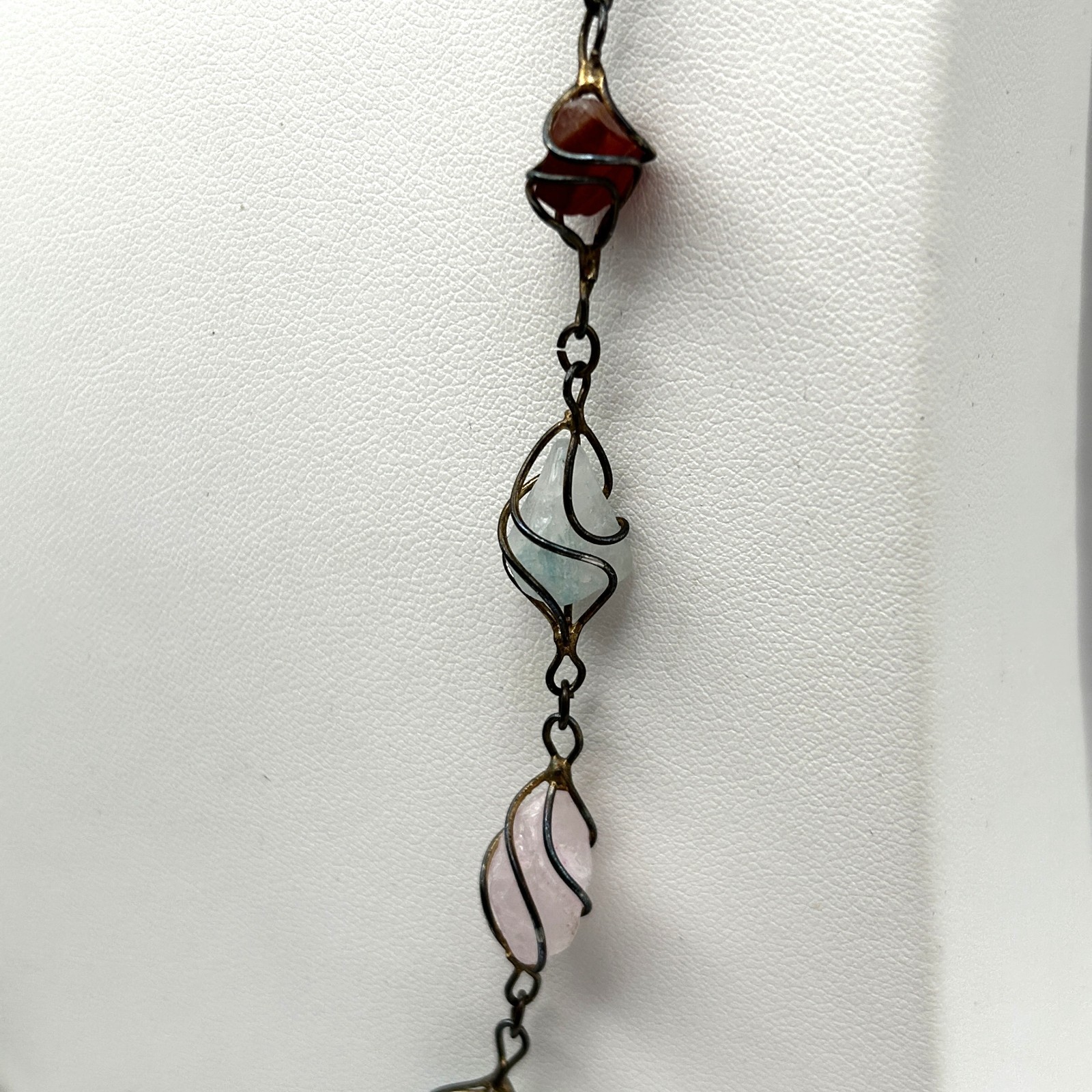 Vintage Gemstone Wire Wrapped 30” Necklace Garnet Jadeite Quartz Artisan Boho