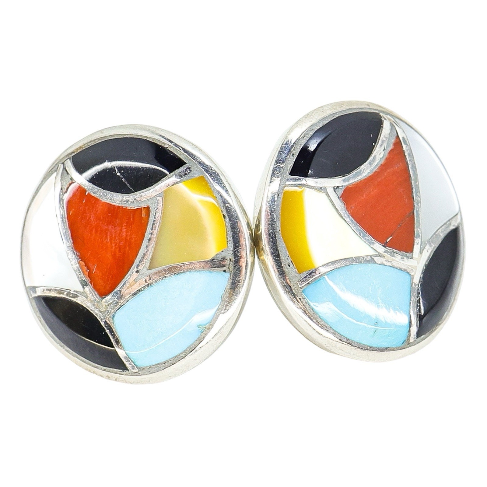 Lot Of 3 Sterling Silver Modernist Stud Earrings W Inlay Multistone Shell Resin