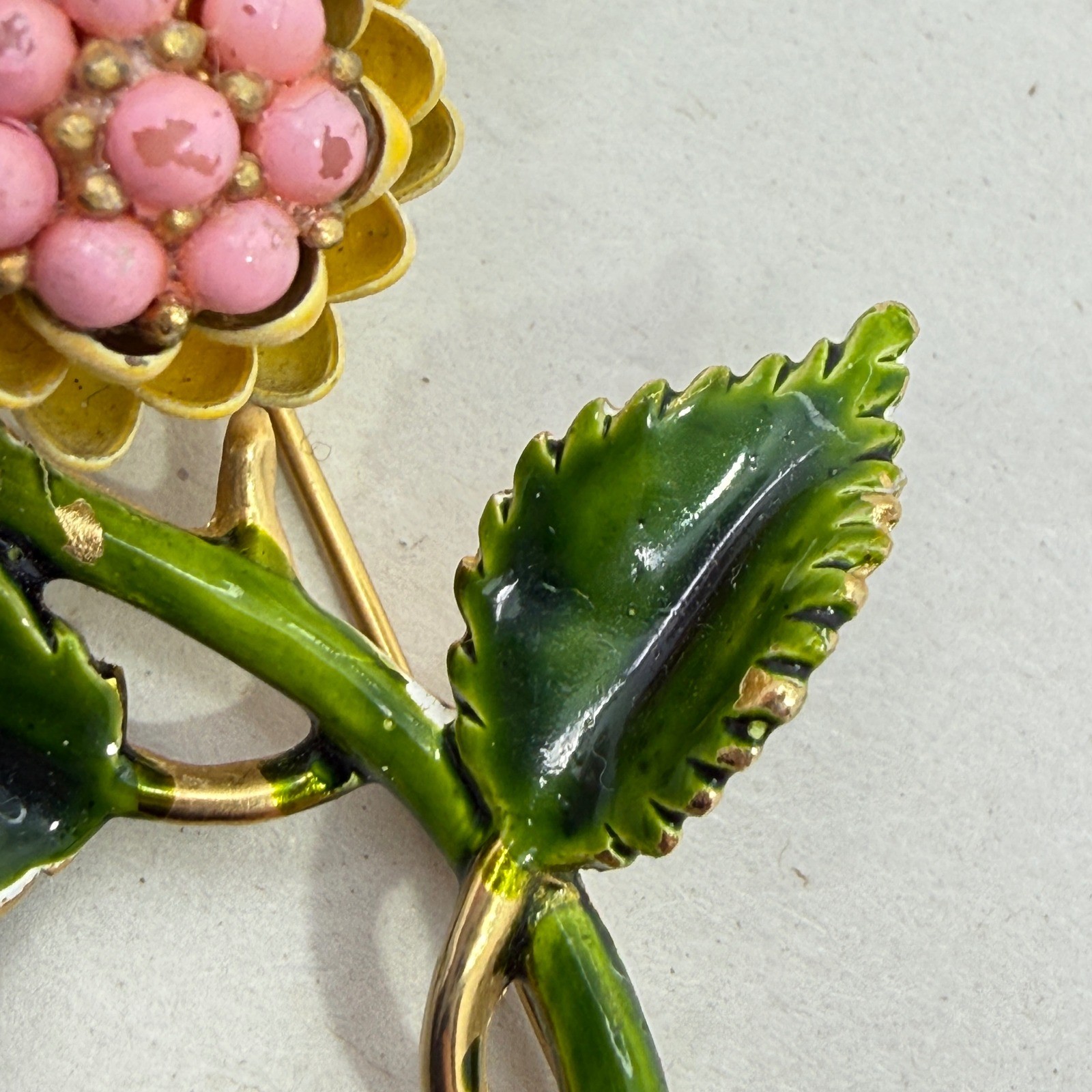 Vintage Enamel Flower Brooch Yellow Pink Green Floral Mid Century Botanical 3″