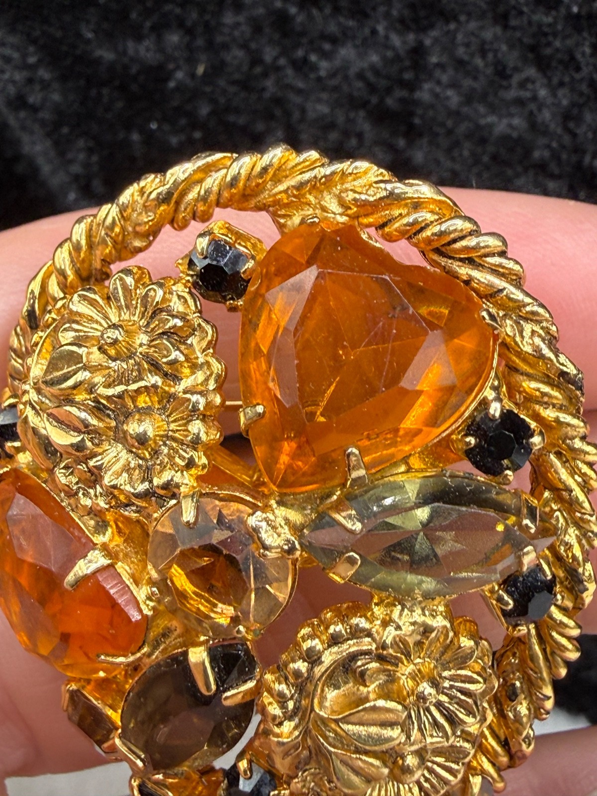 Vintage Rhinestone Brooch Orange Domed Fall Autumn