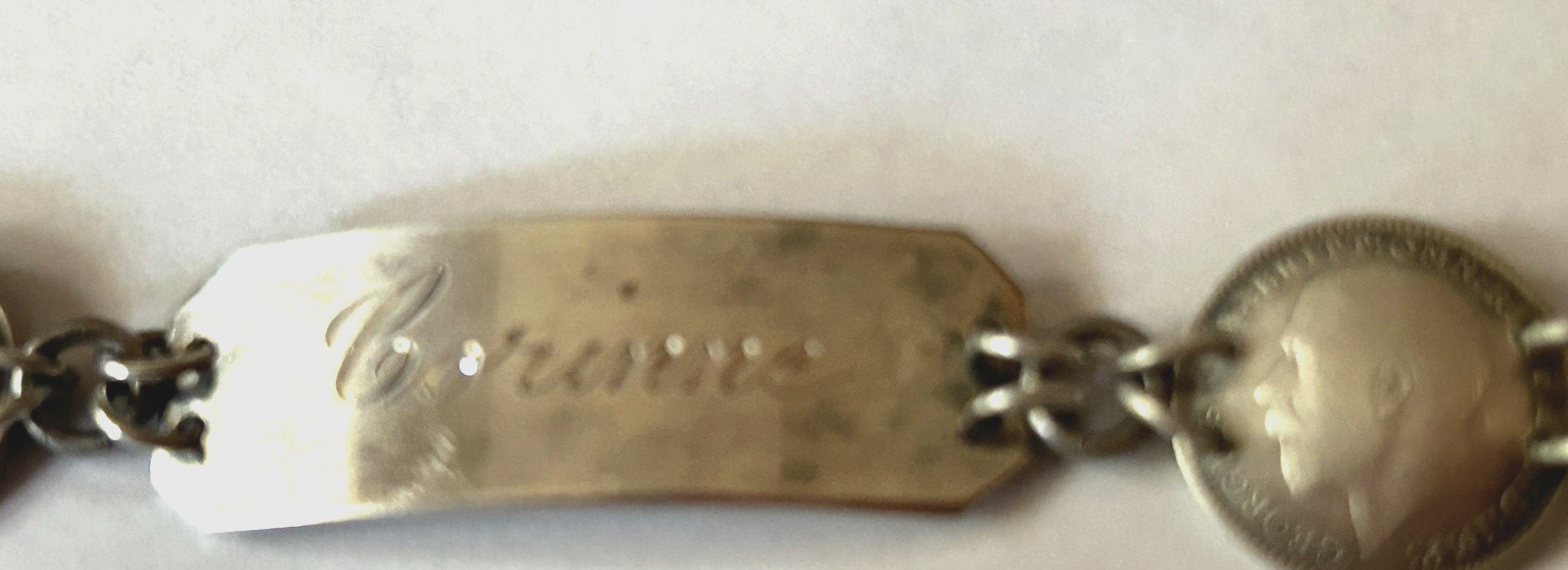 Antique British King George 3 Pence ID Bracelet Aprx 7” In Sterling Silver