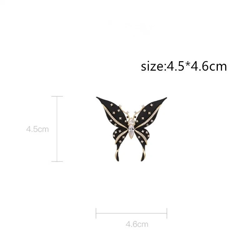 Vintage Black Enamel Butterfly Brooch Gold Tone Crystal Rhinestone Pin