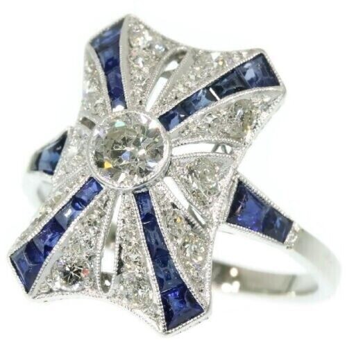 Art Deco 2Ct Sapphire & Lab Created Diamond Birthday 14K White Gold Filled Ring