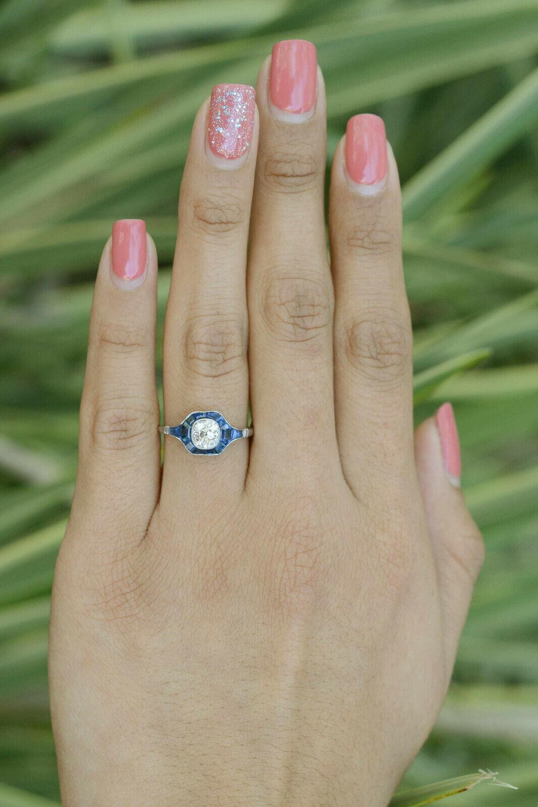 Antique Old Mine Cut Diamond & Sapphire Art Deco Style Engagement Ring