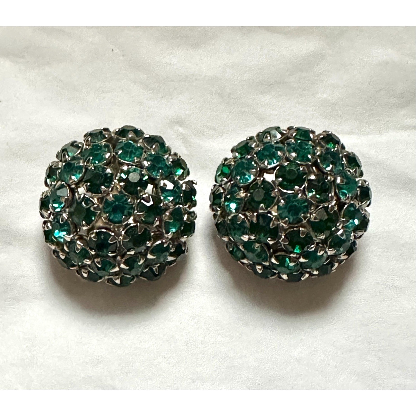 Vintage Joseph Warner Green Rhinestone Round Dome Earrings