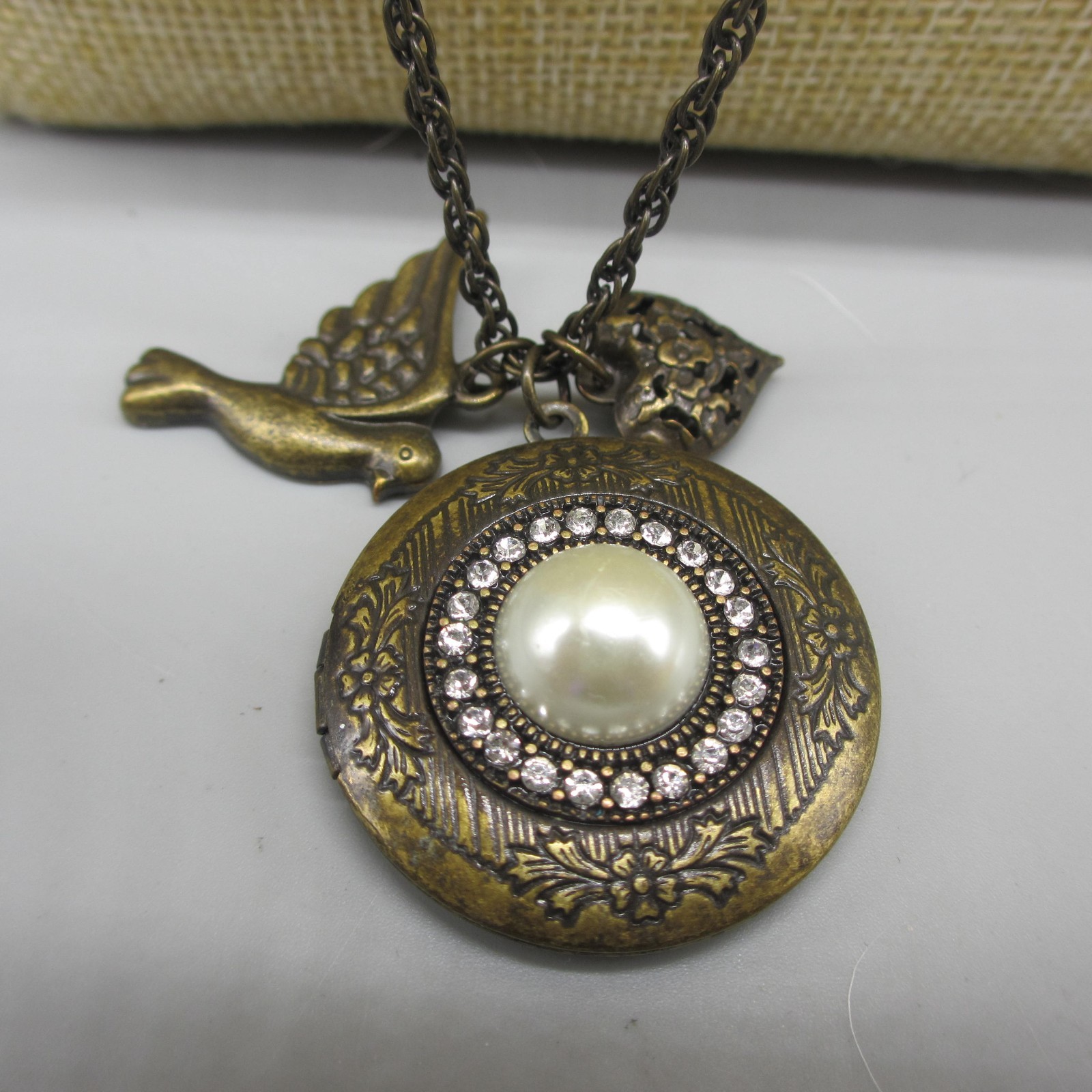 Vintage Locket Necklace Charm Pendant Heart Bird Rhinestone Bronze Tone 38 Inch