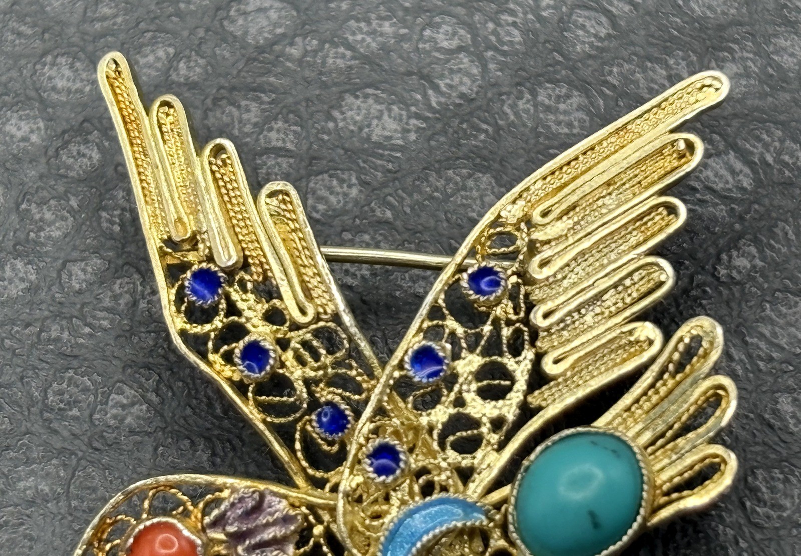 VTG Hummingbird Brooch Vermeil 925 Sterling Silver Turquoise Coral Blue Enamel