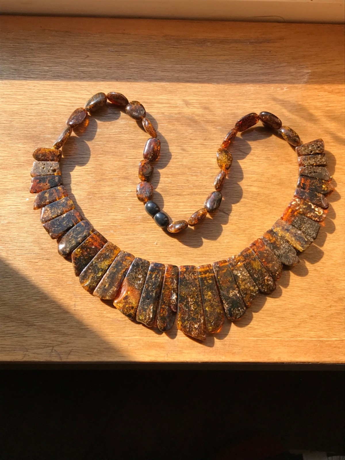 Baltic amber flat collar panels necklace golden brown with many inclusions