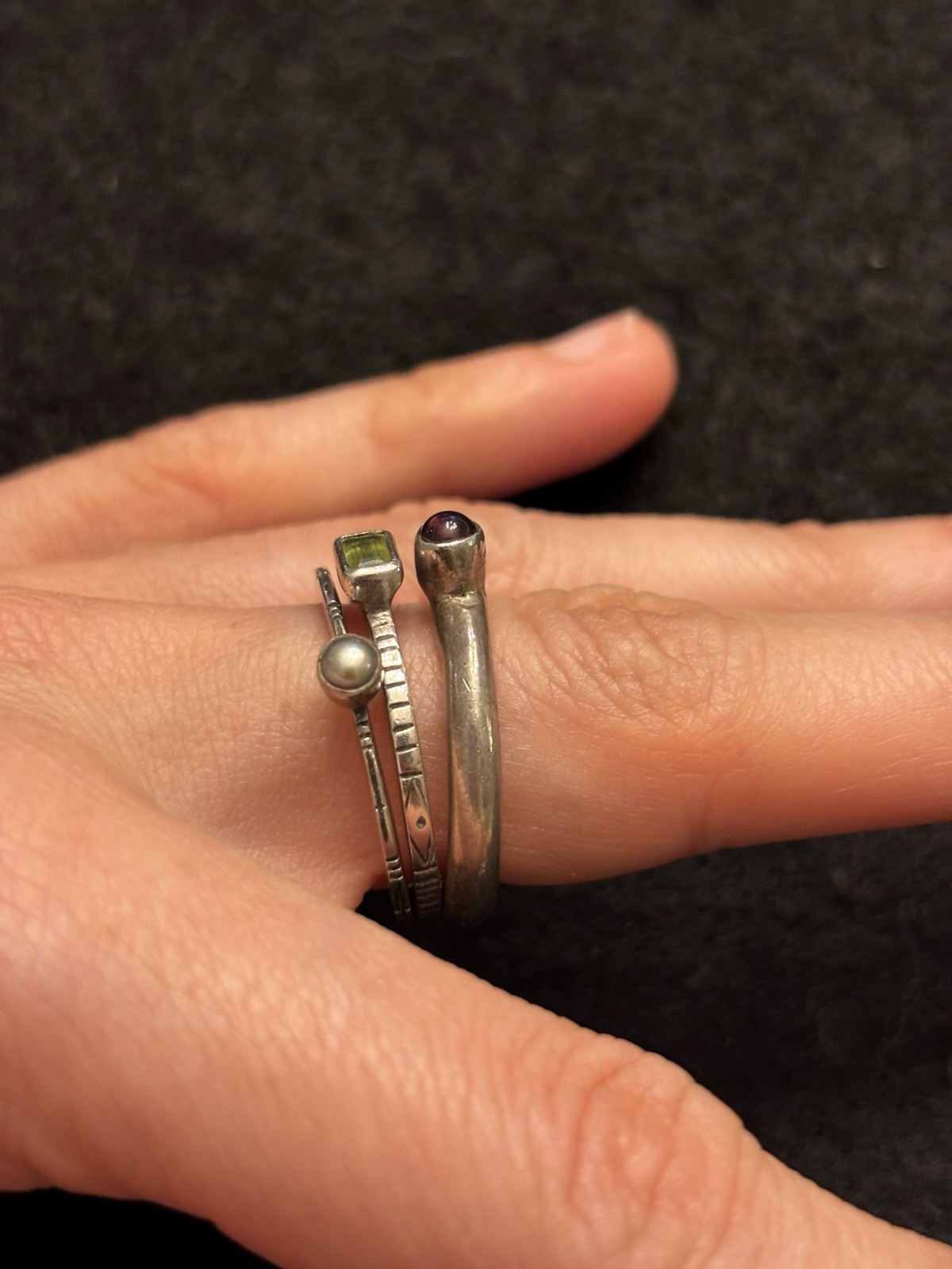3 SET VINTAGE ARTISAN ETCHED STERLING 925 GEN STONE STACKING RINGS *8.3 gm*