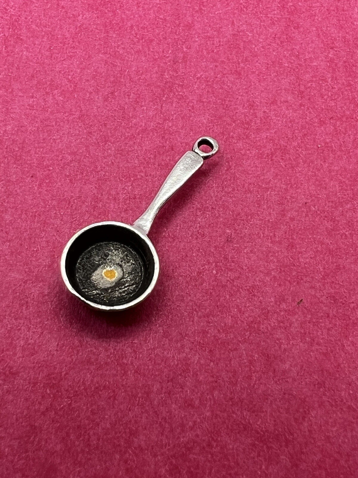Vintage Sterling Silver Enamel Eggs in Frying Pan Iron Skillet Charm Pendant .8
