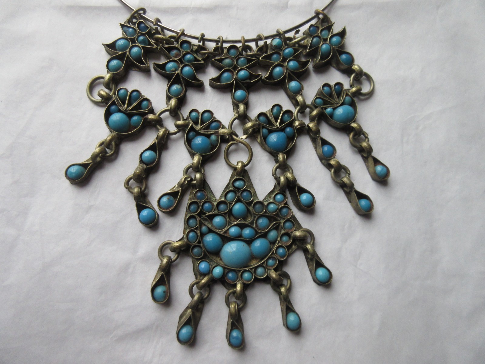 Tribal Choker BIB Style Turquoise glass stones Dangles Brass on Silver Necklace
