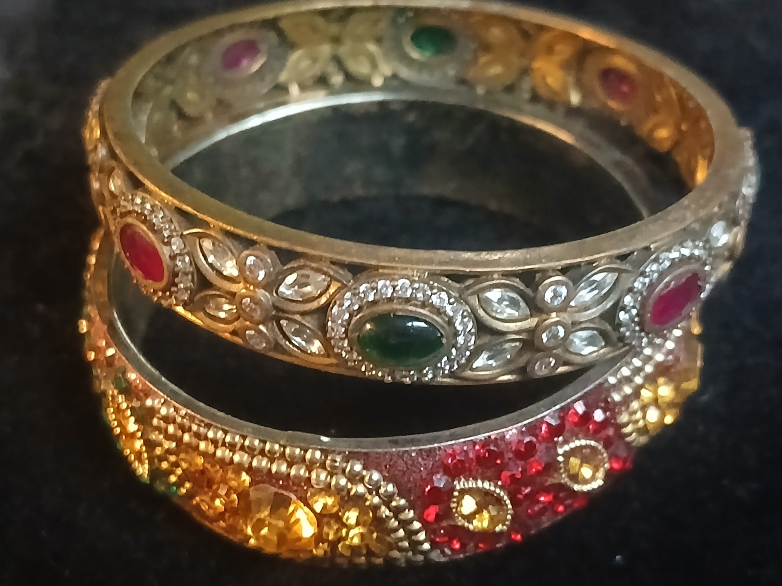 Two Vintage Multi-Color Rhinestone Indian Style Bangle Bracelet 2.5″ Diameter