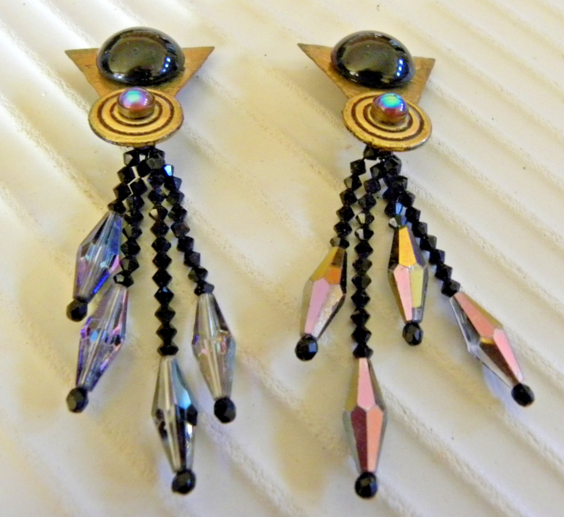 Vintage Designer Dangle Earrings Clip On Geometric Bronze Copper & Violet Color
