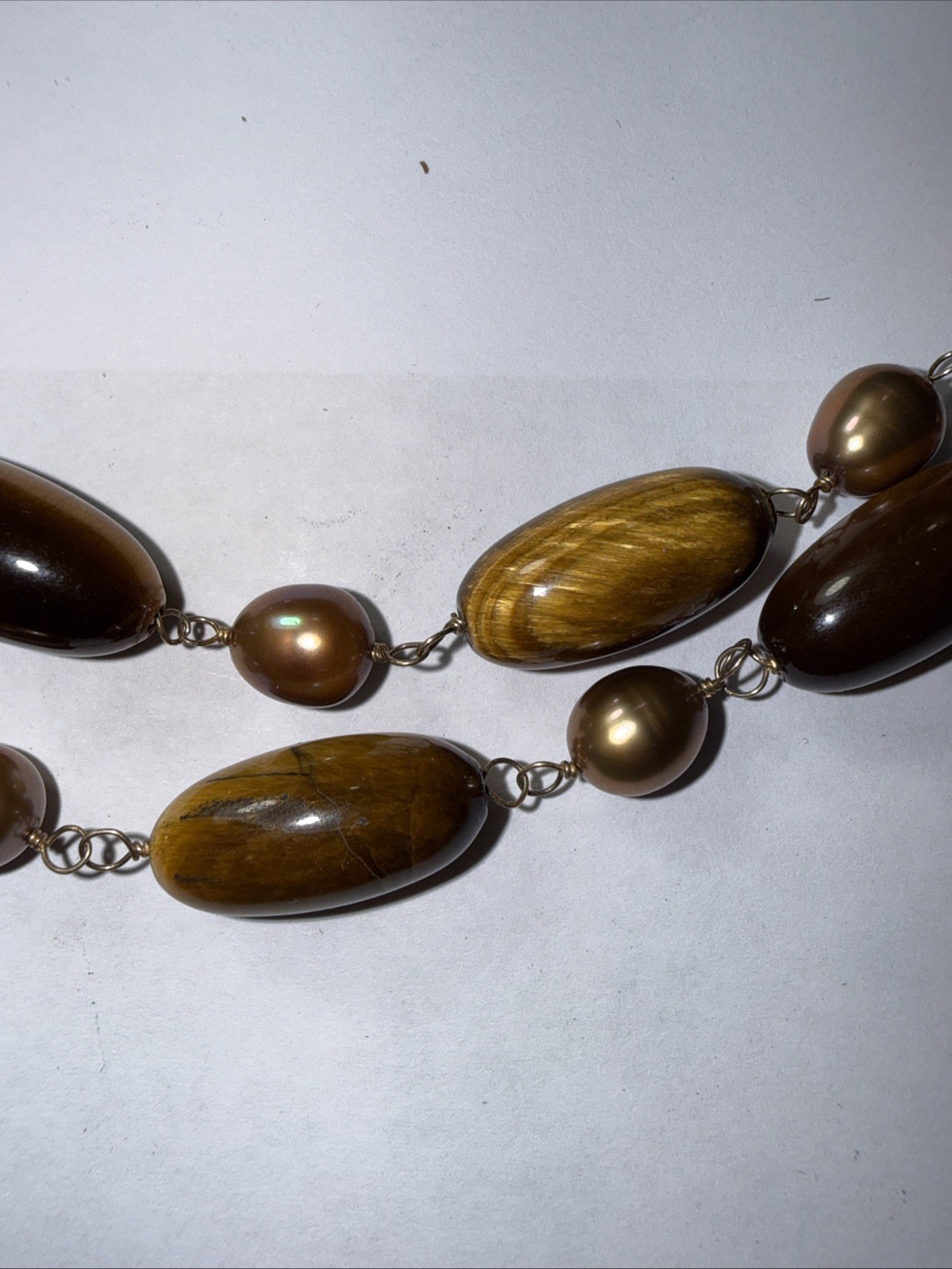 Necklace 2 Strand Tiger’s Eye Cultured Pearl Vermeil Toggle Clasp Vintage Unused