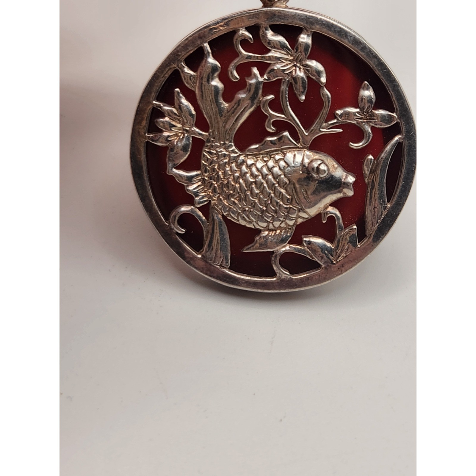 Vintage Sterling Silver Koi Fish Carnelian Pendant Round Filigree Medallion