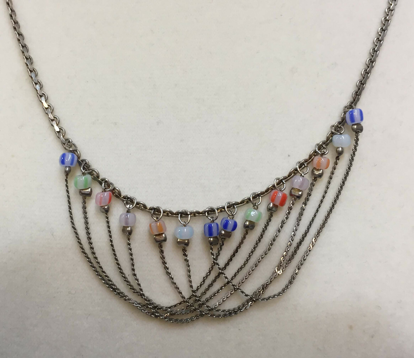 Necklace Collar Choker Bib Overlapping Chains Colorful Beads Silver Tone Metal