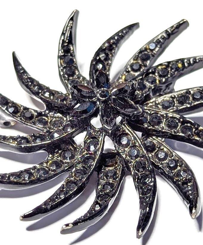 Vintage Mourning Brooch Black Rhinestone Japanned Pinwheel Signed Unreadable