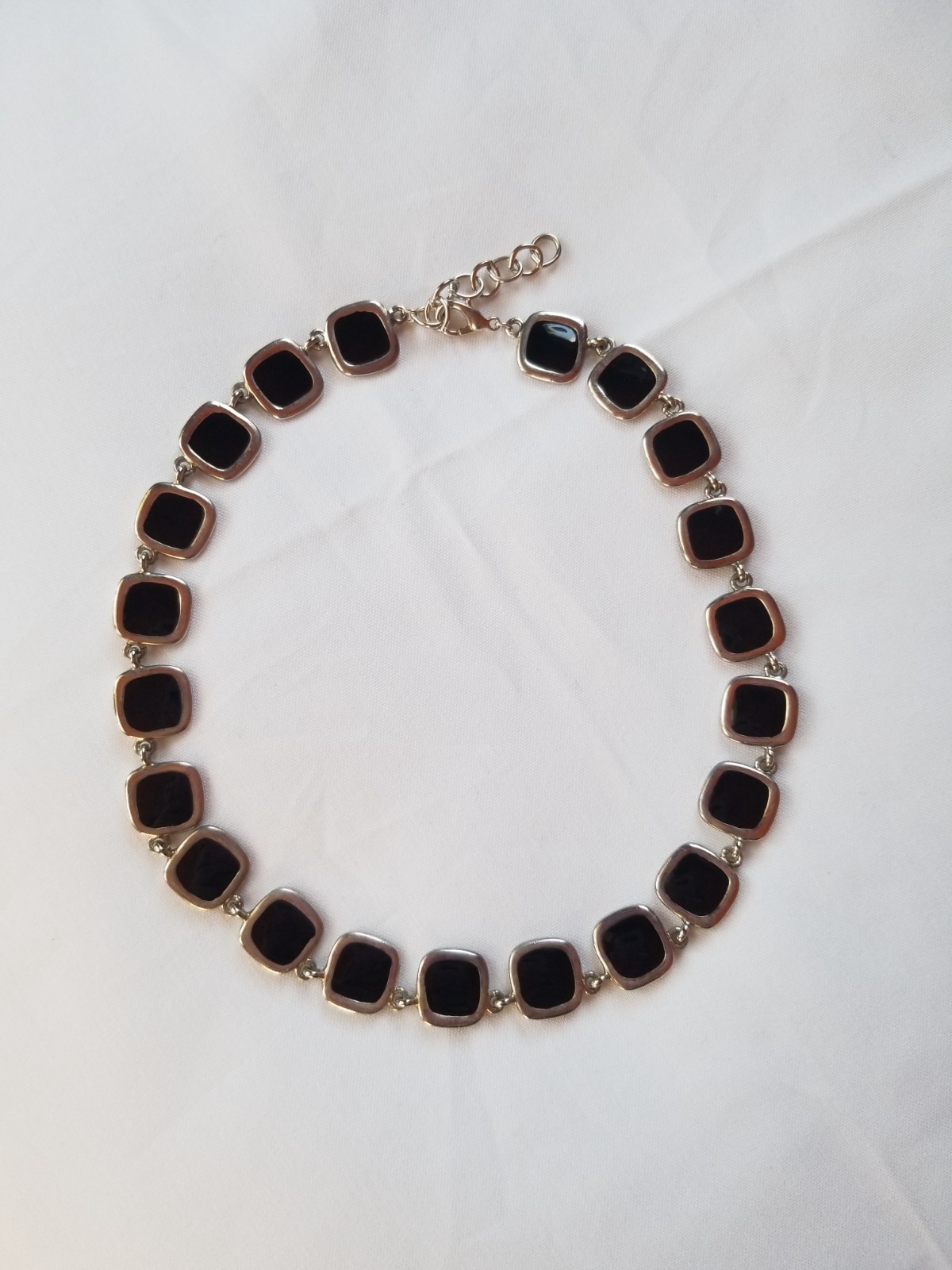 Vintage 1970s Black and Cream Enamel Geometric Necklace Reversible Silvertone