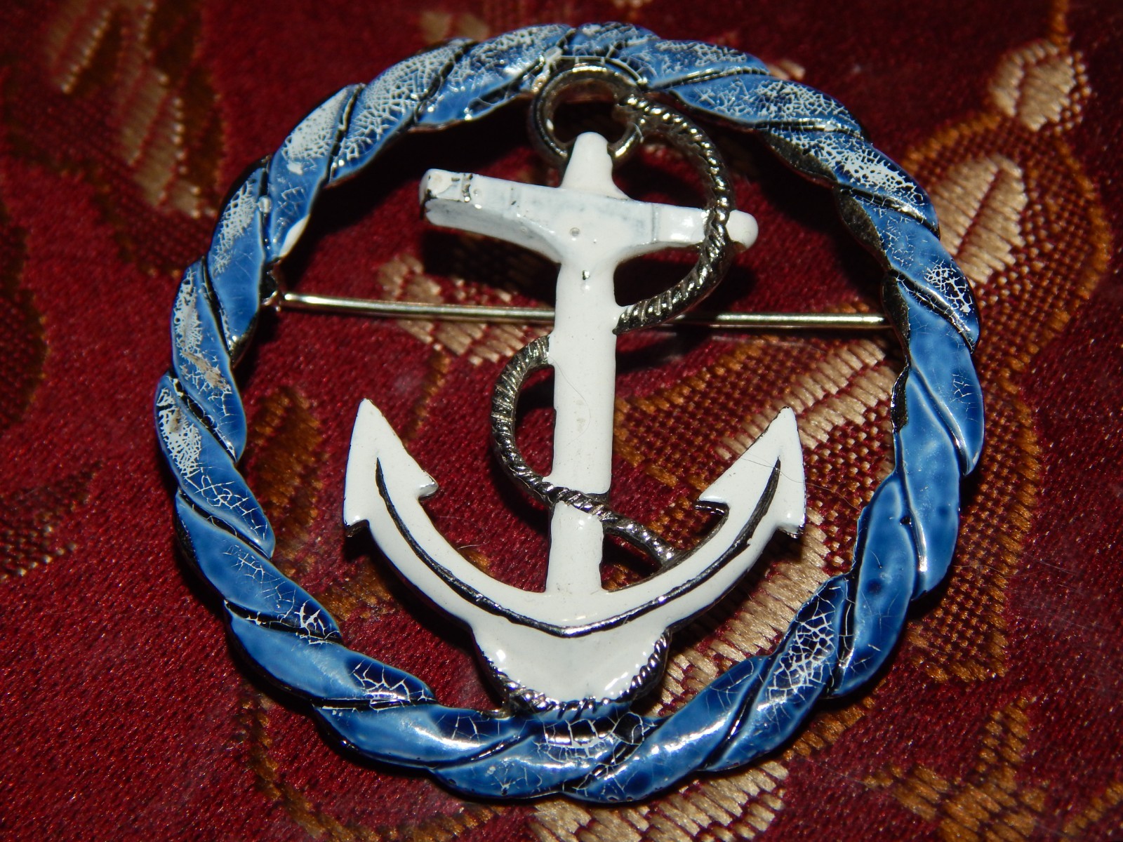Vintage Coro Enamel Brooch: Blue & White Enamel, Anchor/Nautical