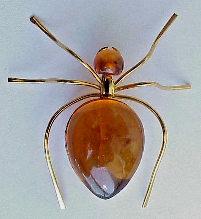BALTIC AMBER INSECT SPIDER BROOCH GOLD JEWELRY 老琥珀 RUSSIAN USSR SOVIET PIN ORDER