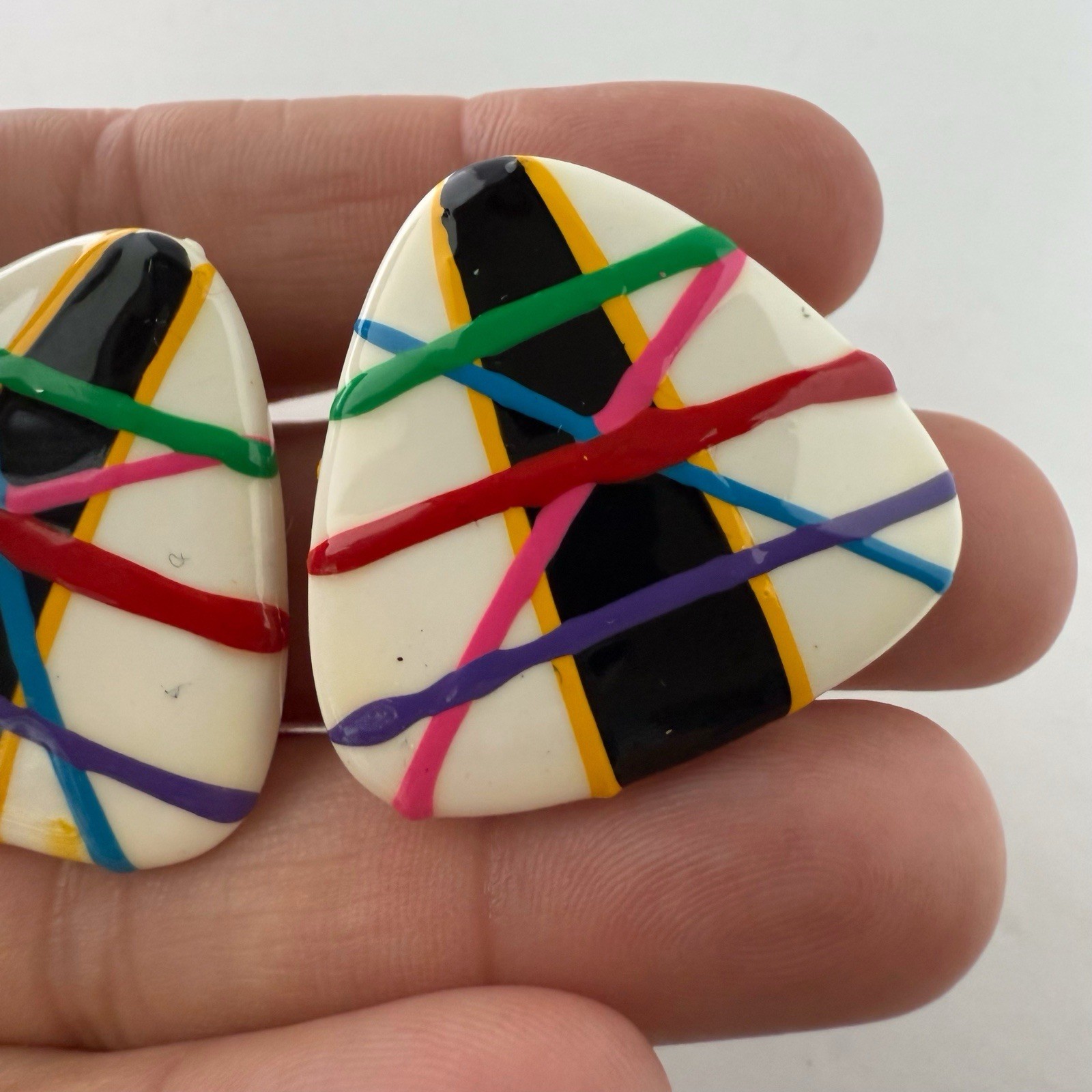Vintage Multicolor Painted Funky Triangle Guitar Pick Plastic Post Earrings