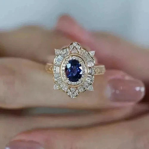Art Deco Style Oval Sapphire & Lab Created Diamond Halo Wedding 14K Gold FN Ring