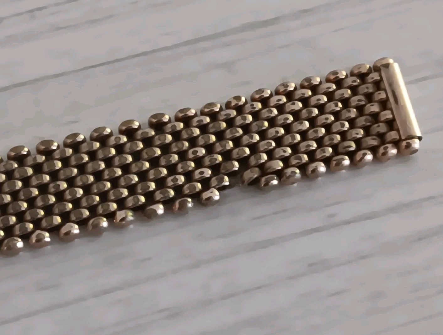 Antique *Damaged* Brass Mesh Link Bracelet Rectangle Clasp People Scene 7″