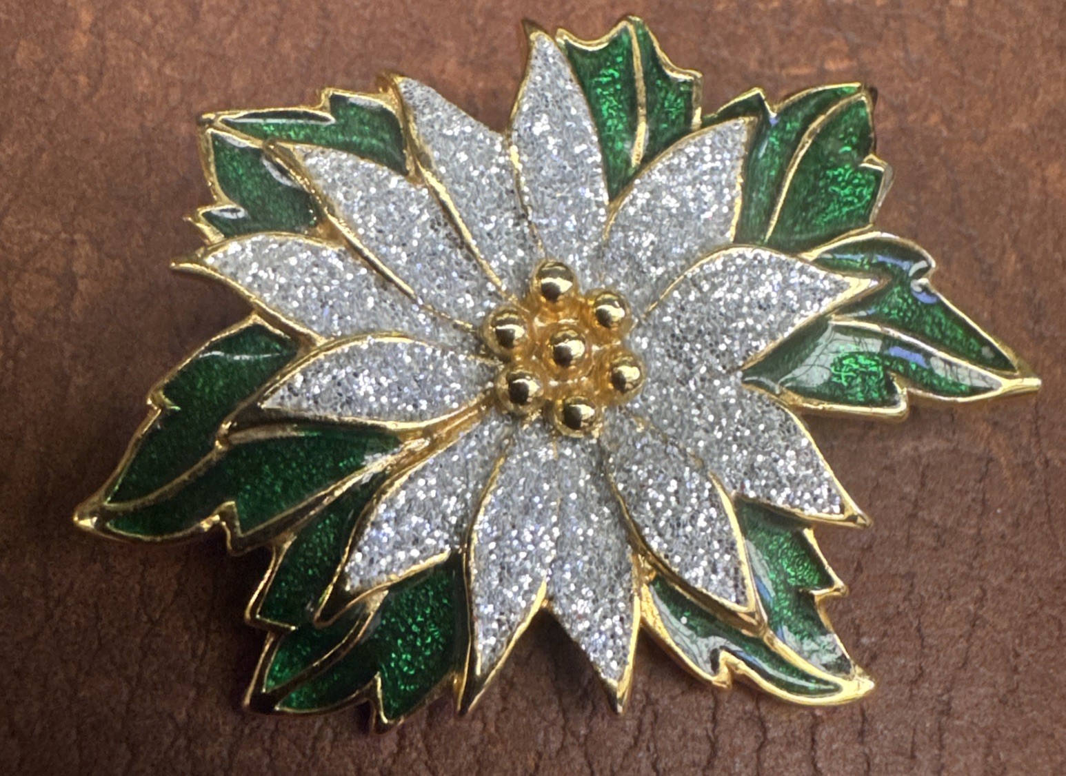Signed SFJ Blooming Waterlily Flower Brooch Metal alloy, rhinestones Excellent