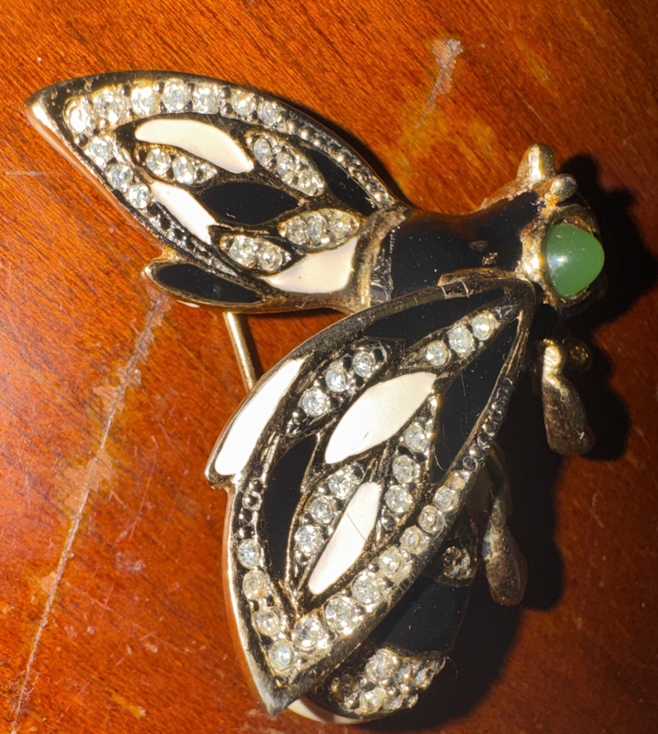 Vintage Kenneth J Lane Bee Brooch Black & White Enamel, Crystals, Green cabochon