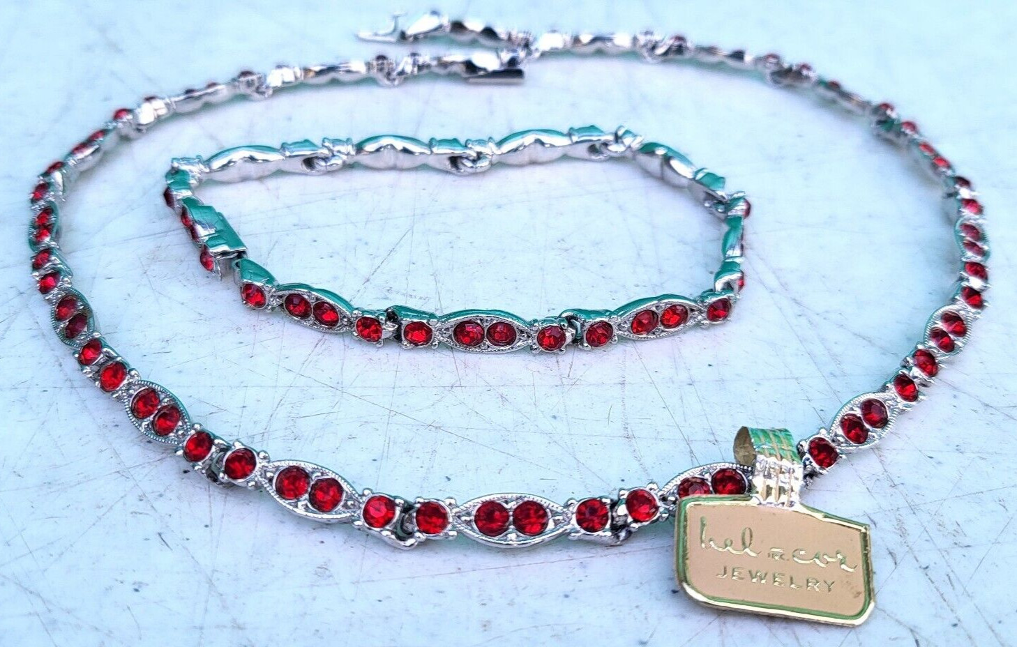 Red Rhinestone Rhodium Choker Necklace & Bracelet Set BEL-COR c1950s NOS Unused