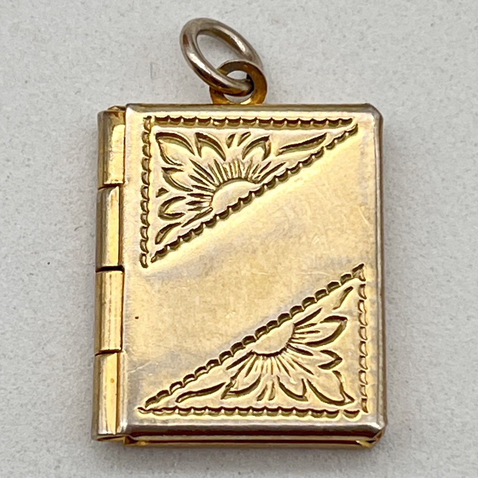 Vintage Book Locket Pendant Gold Tone Engraved .75″