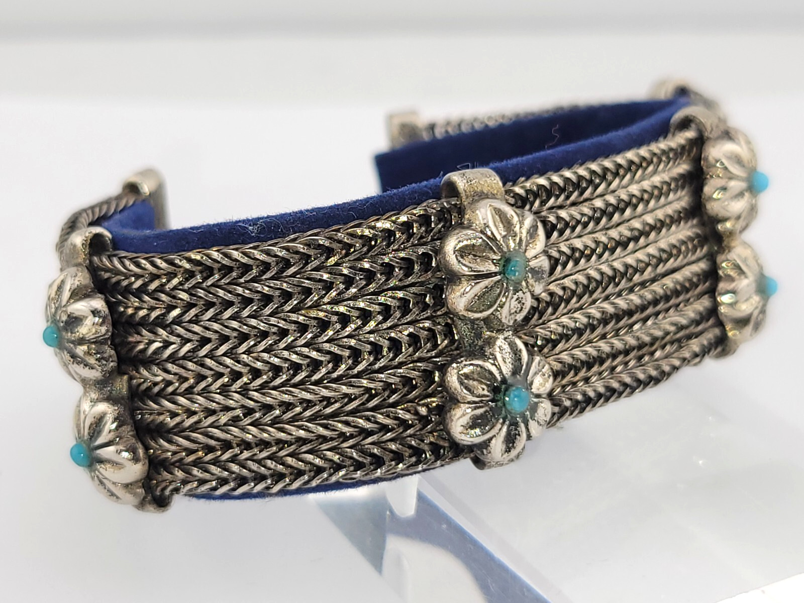 Vintage 7 Strand Snake Chain Turquoise Glass Flower Southwestern Bracelet 7-8.5″