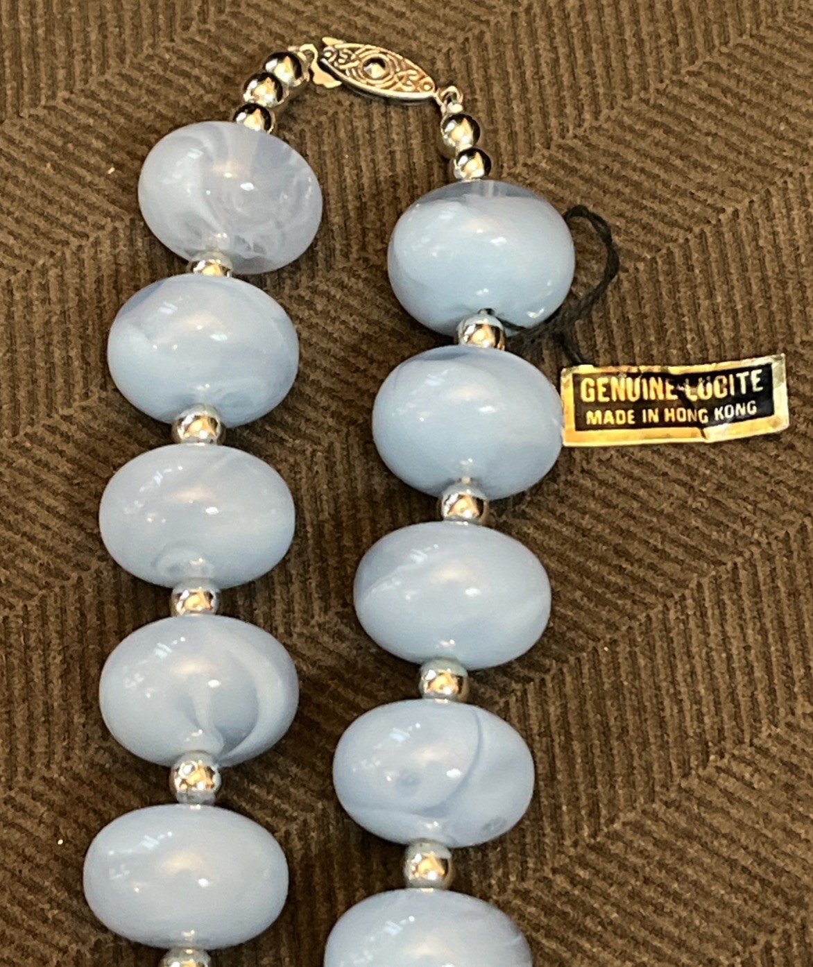 Geniune Lucite Necklace Chunky Collar Pale Blue Silver Tone Made In Hong Kong