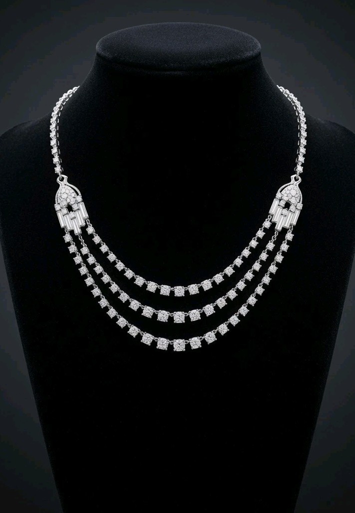 Vintage 925 Sterling Silver Art Deco Multi-Strand Crystal Rhinestone Necklace