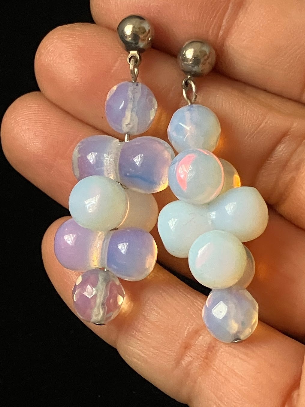 Vintage Opaline Glass Beaded Earrings Pierced Post Iridescent Cluster Dangle