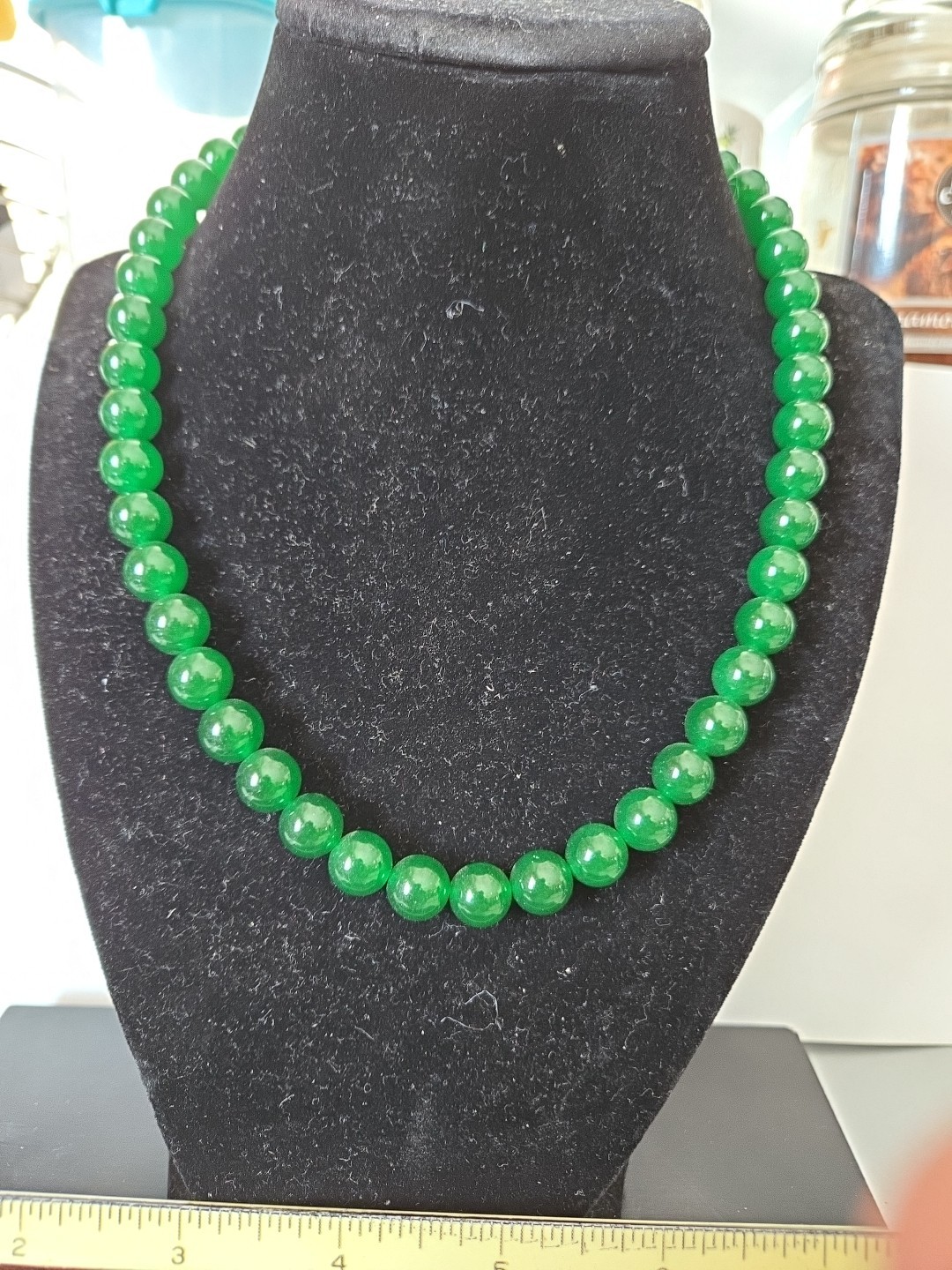 Jade Hand Strung Beaded Round 18″ Necklace Imperial Green Nephrite Claw Clasp