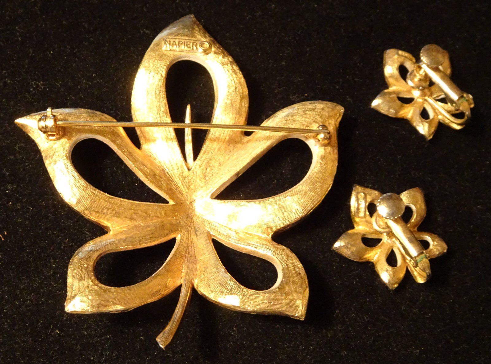 Signed Napier Leaf Brooch & Earrings Vintage Clip Screw On Gold Tone & White