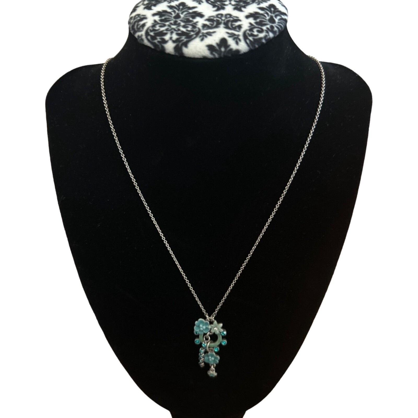Pilgrim Danish Design Vintage Flower & Gem Necklace 16” Silver Tone Chain