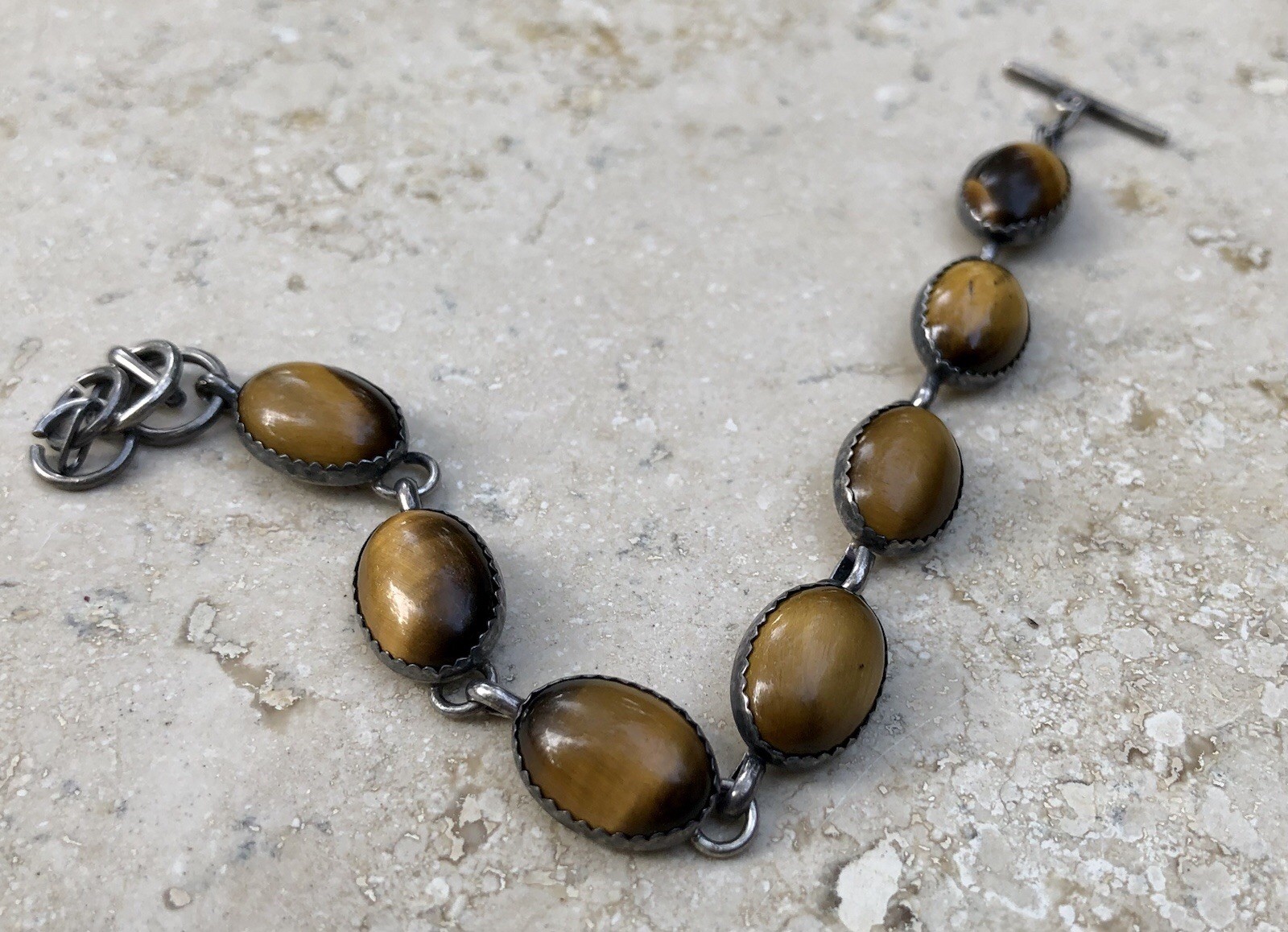 🐯🖤 ✨VINTAGE STERLING SILVER TIGER’S EYE OBSIDIAN Toggle Bracelet Set LOT ✨🖤🐯