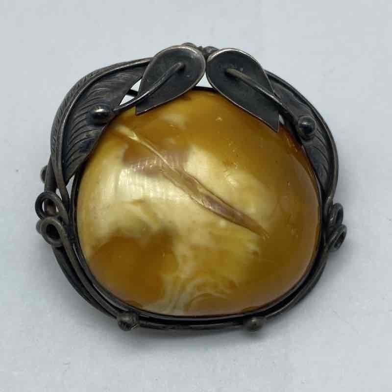 Vintage Sterling Silver 925 Butterscotch Amber Brooch Pendant Art Nouveau Style