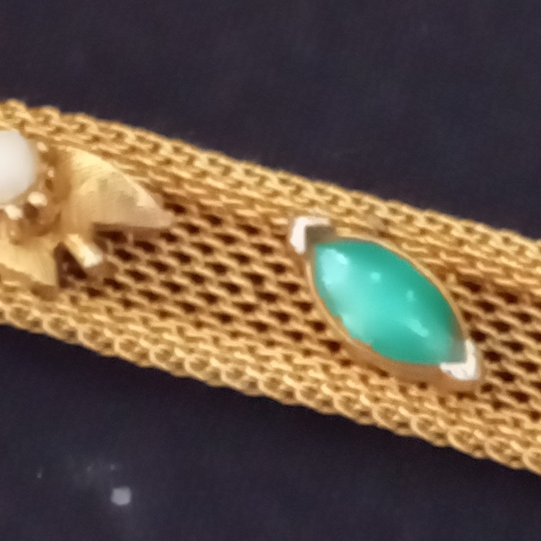 Vtg Signed FLORENZA Gold Tone Mesh Bracelet, Green & Purple Stones & Faux Pearls