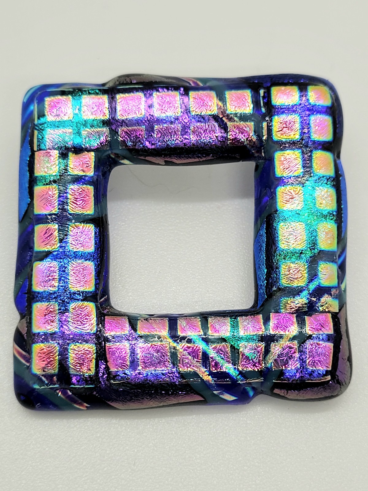 Dichroic Glass Brooch Fused Lampwork Abstract Cobalt Blue Iridescent Open Square
