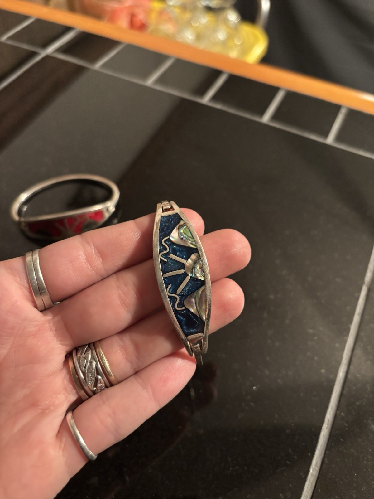 Vintage Mexico Alpaca Silver Enamel Abalone Inlay Bracelets & Earrings Lot