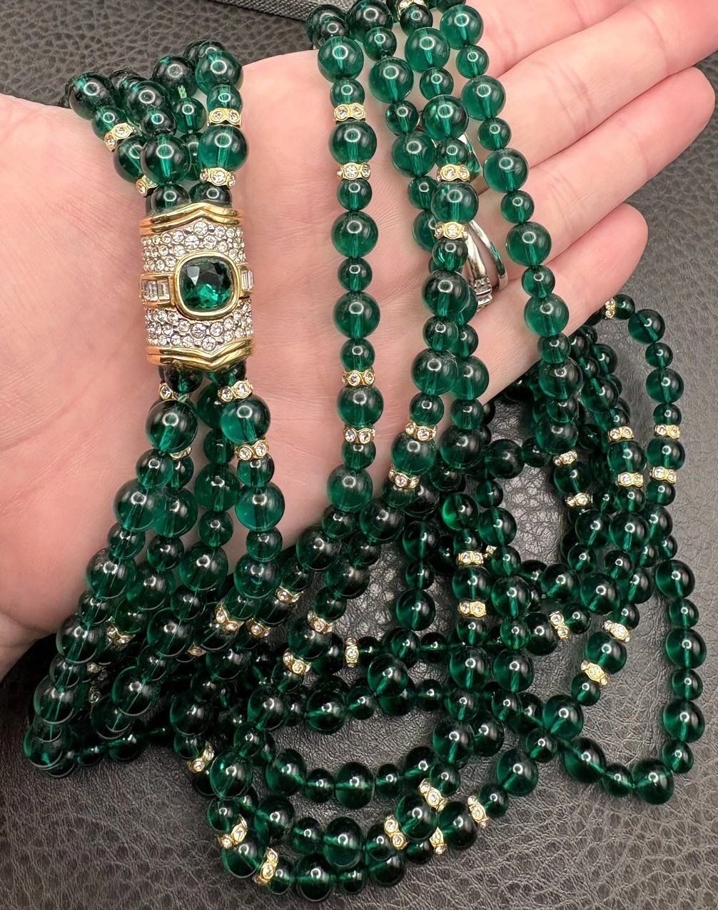 RARE SWAROVSKI VTG Multi Strand Green Crystal Glass Beaded Mogul Necklace 36”