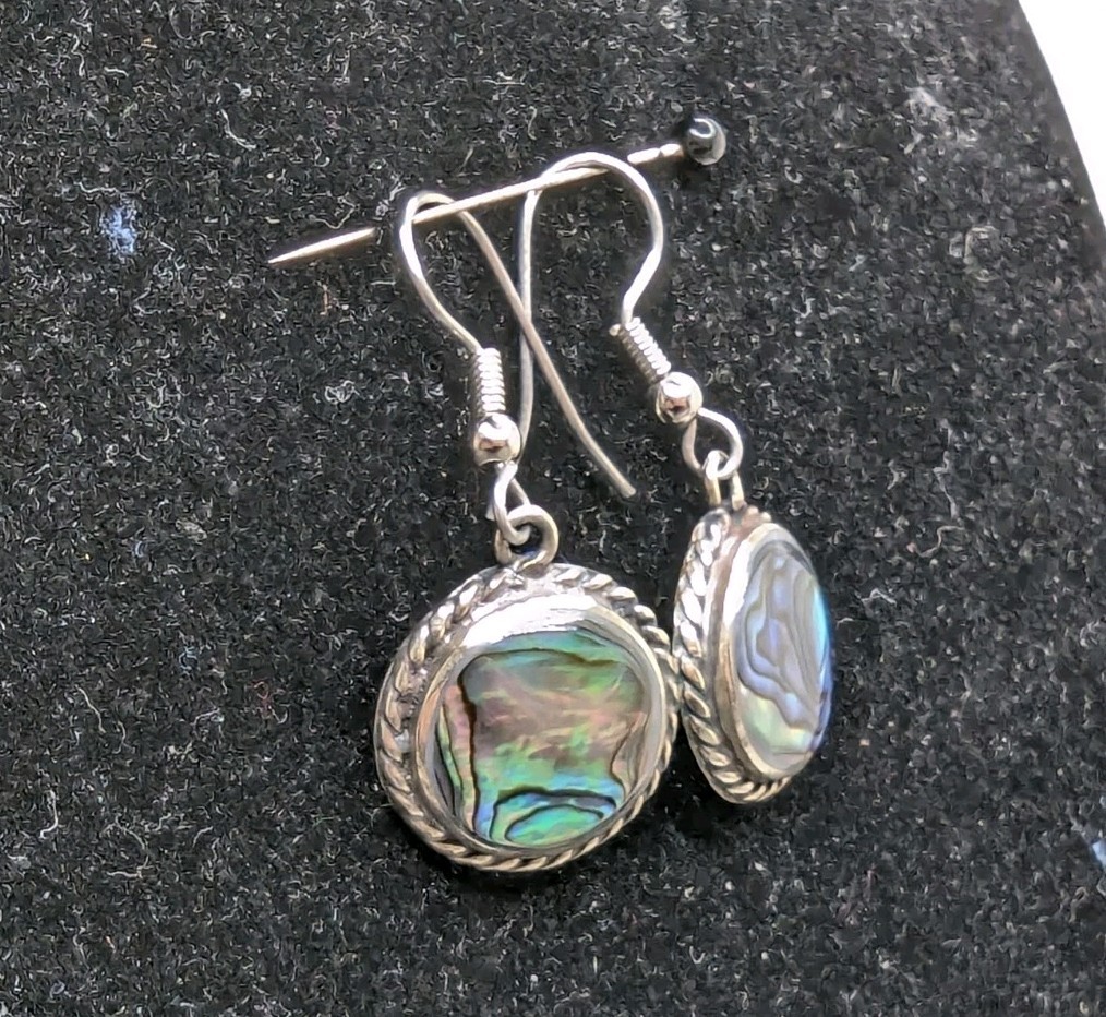 Vintage Abalone Round Circle Dangle Drop Pierced Earrings Silver Tone