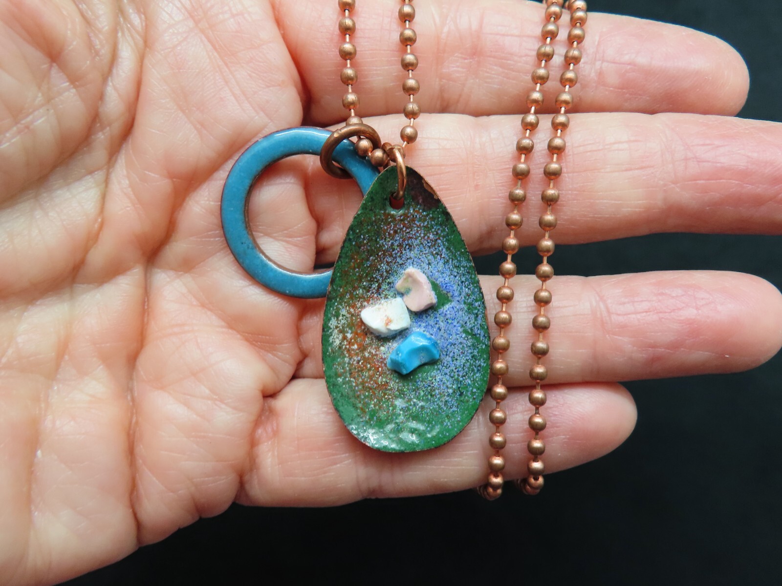 Vintage 1950’s Copper Ball Bead Chain w/TWO Gorgeous Enamel Slides