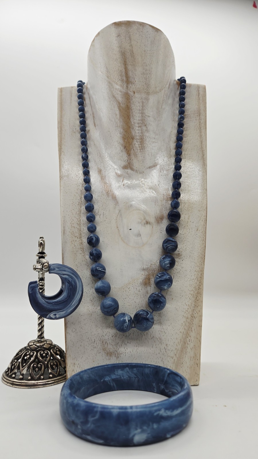 Denim Blue Marbled Jewelry Set Vintage Couture 3pc Necklace Bracelet Earrings