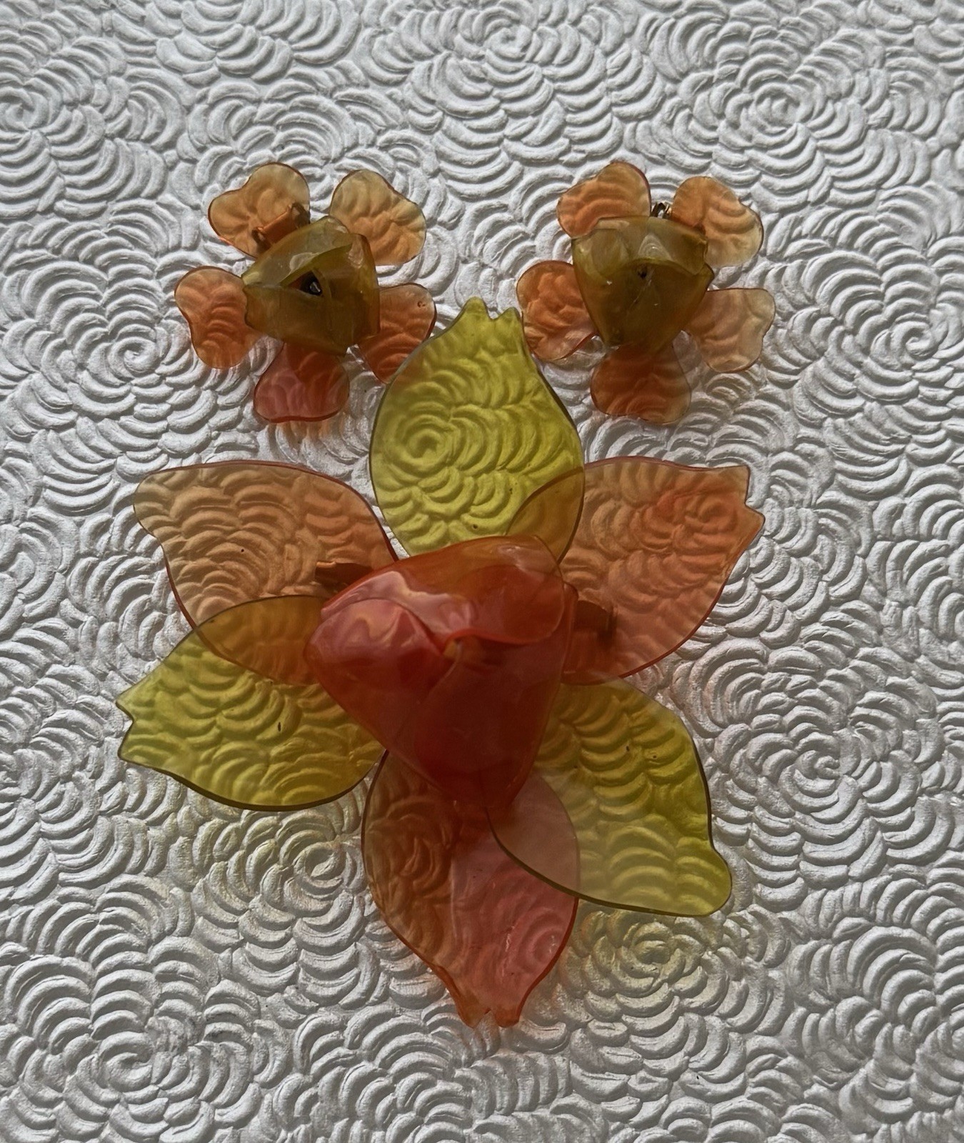 Vintage Orange / Yellow Flower brooch & earrings set cellulose acetate plastic