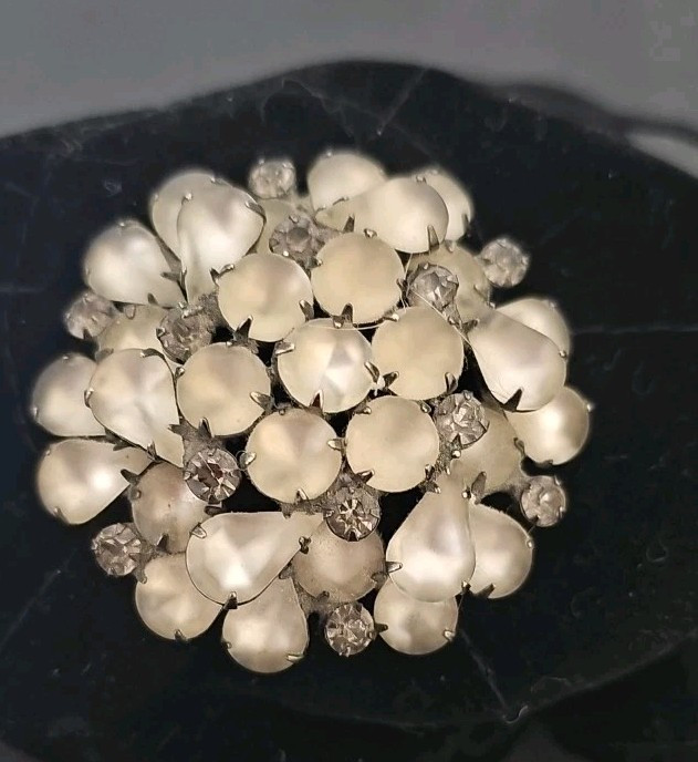 Dome Moonstone Brooch Elevated Glass Cabochon Rhinestone Pin Rhodium Plated
