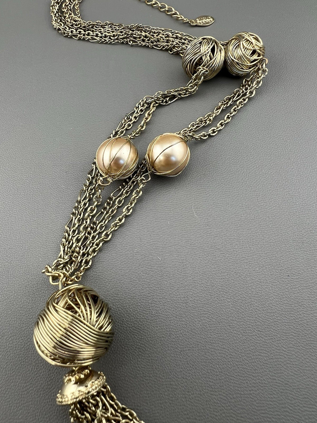 Vintage Tassel Necklace Faux Pearl Beaded Gold Tone Signed Bijoux Terner 21”